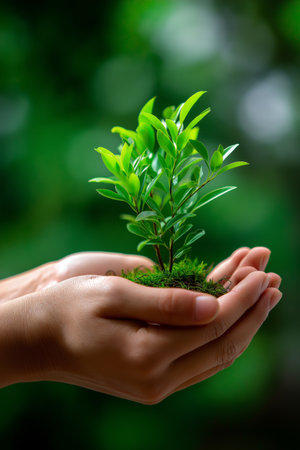 Hands holding green plant representing environmental care and sustainability. Human hands holding...