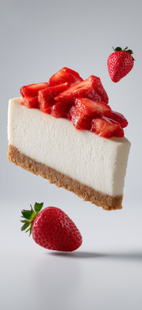 Strawberry cheesecake slice levitating with fresh strawberries on a clean white background....