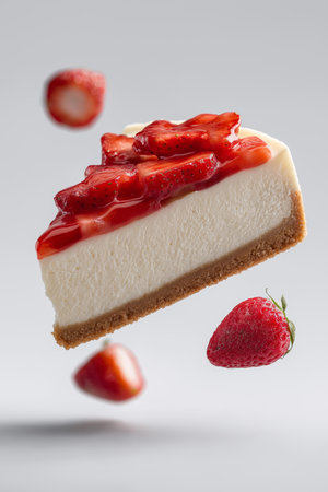 Strawberry cheesecake slice levitating with fresh strawberries on a clean white background....