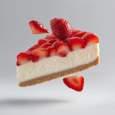 Strawberry cheesecake slice levitating with fresh strawberries on a clean white background....