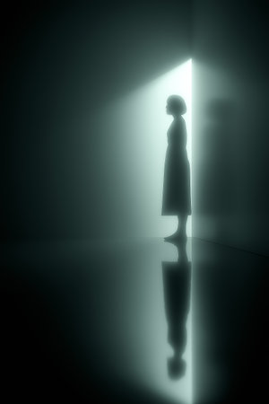 Female silhouette standing in a beam of light, symbolizing hope and new beginnings. Silhouette of woman in light ray leaving darknessの写真素材