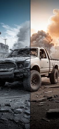 Pickup truck split showing destroyed half in war zone and intact half in clear environment. War and peace concept with split pickup truckの写真素材