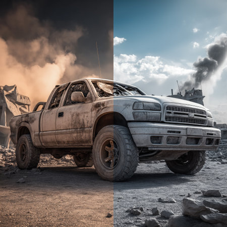 Pickup truck split showing destroyed half in war zone and intact half in clear environment. War and peace concept with split pickup truckの写真素材