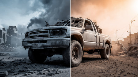 Pickup truck split showing destroyed half in war zone and intact half in clear environment. War and peace concept with split pickup truckの写真素材