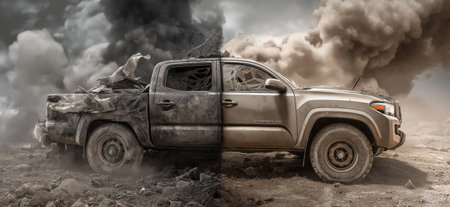 Pickup truck split showing destroyed half in war zone and intact half in clear environment. War and peace concept with split pickup truckの写真素材