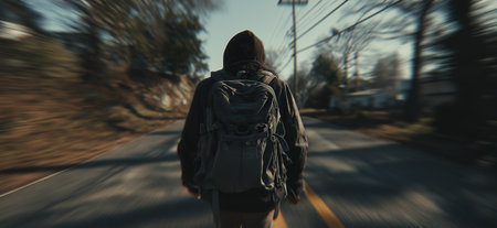 Backpacker walking on a road at sunset, motion blur suggesting movement and travel. Backpacker walking road at sunset journeying towards destinationの写真素材