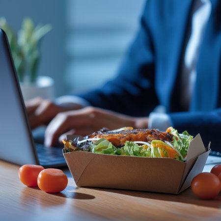 Businessman working at desk with fresh salad meal in sustainable paper lunchbox. Employee enjoying healthy office lunch from takeaway boxの写真素材