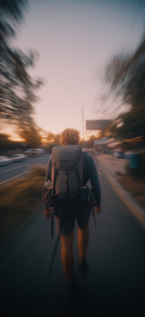 Backpacker walking on a road at sunset, motion blur suggesting movement and travel. Backpacker walking road at sunset journeying towards destinationの写真素材