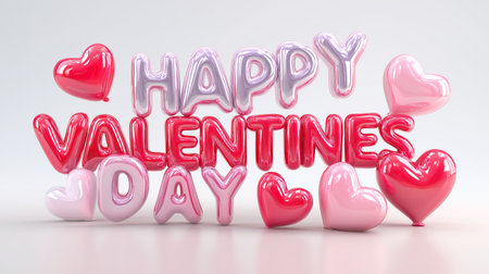 Glossy pink Happy Valentines Day text and hearts floating on a reflective surface. Happy Valentines...