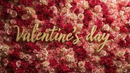 Golden Valentine's Day text forming a romantic greeting on a vibrant floral background. Valentine's...