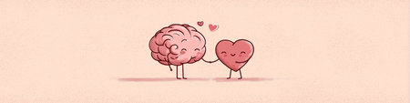 Brain and heart characters are hugging, symbolizing mental and emotional balance with care. Gentle...