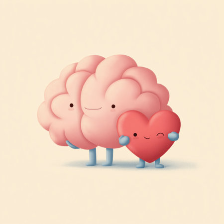 Brain and heart characters are hugging, symbolizing mental and emotional balance with care. Gentle...