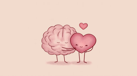 Brain and heart characters are hugging, symbolizing mental and emotional balance with care. Gentle...