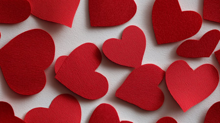 Red textured hearts scattered creating an abstract background for romance and celebration. Textured...