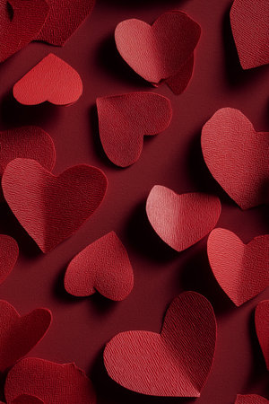 Red textured hearts scattered creating an abstract background for romance and celebration. Textured...