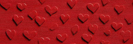 Red textured hearts scattered creating an abstract background for romance and celebration. Textured...