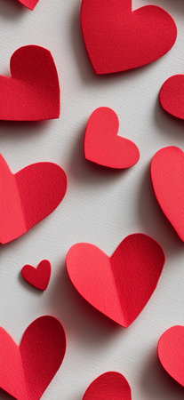 Red textured hearts scattered creating an abstract background for romance and celebration. Textured...