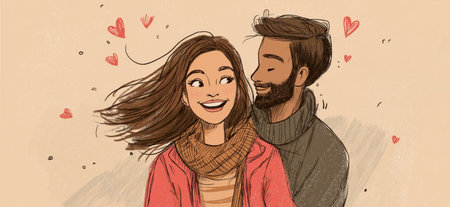 Smiling cartoon boy and girl with red hearts floating above them, depicting true love. Happy cartoon couple showing love and affectionの写真素材