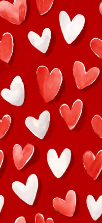 White outline and filled hearts scattering on a red watercolor textured surface. Hand drawn white...