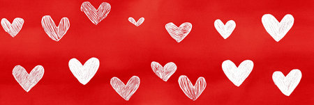 White outline and filled hearts scattering on a red watercolor textured surface. Hand drawn white...