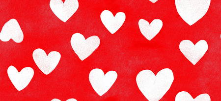 White outline and filled hearts scattering on a red watercolor textured surface. Hand drawn white...