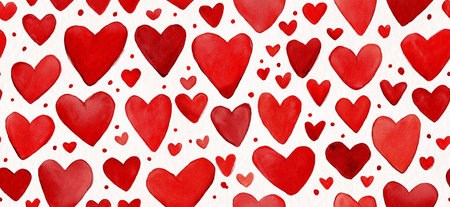 White outline and filled hearts scattering on a red watercolor textured surface. Hand drawn white...