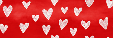 White outline and filled hearts scattering on a red watercolor textured surface. Hand drawn white hearts seamless pattern on red backgroundの写真素材