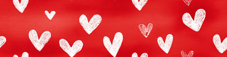 White outline and filled hearts scattering on a red watercolor textured surface. Hand drawn white...