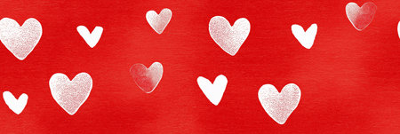White outline and filled hearts scattering on a red watercolor textured surface. Hand drawn white...