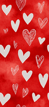 White outline and filled hearts scattering on a red watercolor textured surface. Hand drawn white...