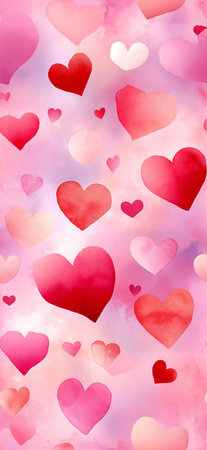 Watercolor hearts creating a seamless pattern in shades of pink and red on a white background. Seamless watercolor heart pattern for Valentine's Day loveの写真素材