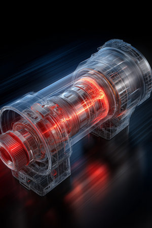 High-tech motor with glowing core and speed lines illustrating advanced performance. High power motor displaying internal energy and engineeringの写真素材