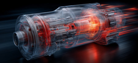 High-tech motor with glowing core and speed lines illustrating advanced performance. High power motor displaying internal energy and engineeringの写真素材