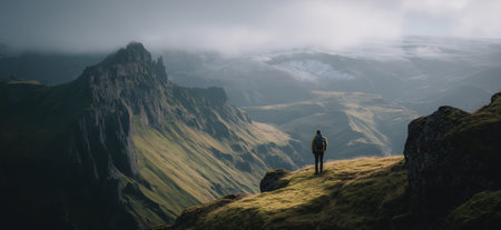 Lush green Icelandic valley with rugged mountains under a cloudy sky. Icelandic valley with...