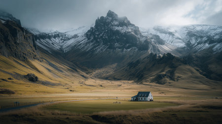 Lush green Icelandic valley with rugged mountains under a cloudy sky. Icelandic valley with impressive green mountains and dramatic skyの写真素材