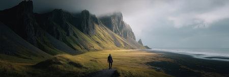 Lush green Icelandic valley with rugged mountains under a cloudy sky. Icelandic valley with impressive green mountains and dramatic skyの写真素材
