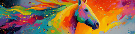 Abstract horse painting showcasing energetic movement and a spectrum of vibrant colors. Vibrant abstract horse galloping with colorful movementの写真素材