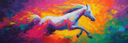 Abstract horse painting showcasing energetic movement and a spectrum of vibrant colors. Vibrant abstract horse galloping with colorful movementの写真素材