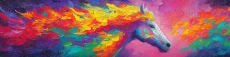 Abstract horse painting showcasing energetic movement and a spectrum of vibrant colors. Vibrant abstract horse galloping with colorful movementの写真素材