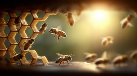 Honeybees flying around hexagon honeycomb cells, producing honey with golden light. Busy bees...
