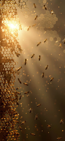 Honeybees flying around hexagon honeycomb cells, producing honey with golden light. Busy bees...