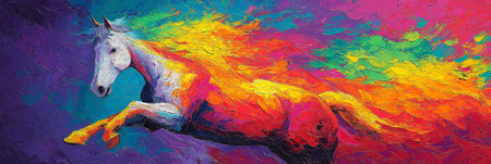 Abstract horse painting showcasing energetic movement and a spectrum of vibrant colors. Vibrant abstract horse galloping with colorful movementの写真素材