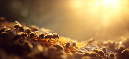 Honeybees flying around hexagon honeycomb cells, producing honey with golden light. Busy bees...