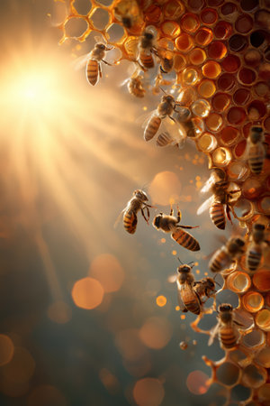 Honeybees flying around hexagon honeycomb cells, producing honey with golden light. Busy bees...