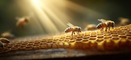 Honeybees flying around hexagon honeycomb cells, producing honey with golden light. Busy bees...