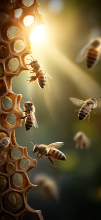 Honeybees flying around hexagon honeycomb cells, producing honey with golden light. Busy bees...