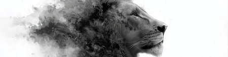 Majestic lion head looking up in a monochrome minimalist style created with soft edges. Lion head profile embodying strength and leadership visionの写真素材