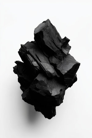 Black textured abstract object formed by sharp charcoal fragments floating on white. Black charcoal abstract sphere texture floating conceptの写真素材