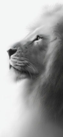 Majestic lion head looking up in a monochrome minimalist style created with soft edges. Lion head profile embodying strength and leadership visionの写真素材