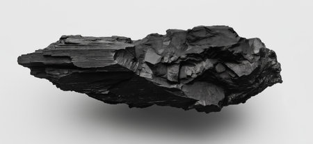 Black textured abstract object formed by sharp charcoal fragments floating on white. Black charcoal...